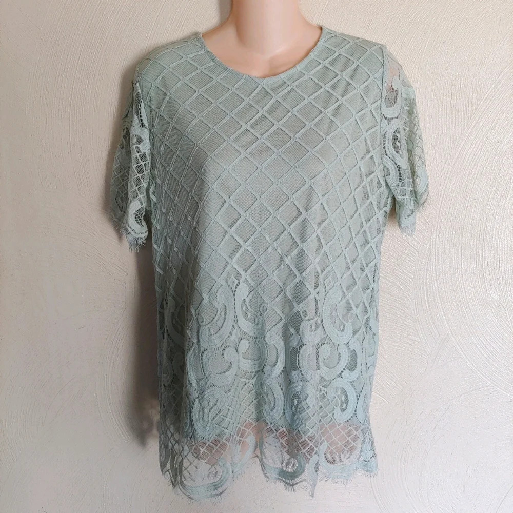 Luna Rae Mint Green Crochet Lace Short Sleeve Blouse Top Size Women's Large - Picture 3 of 12
